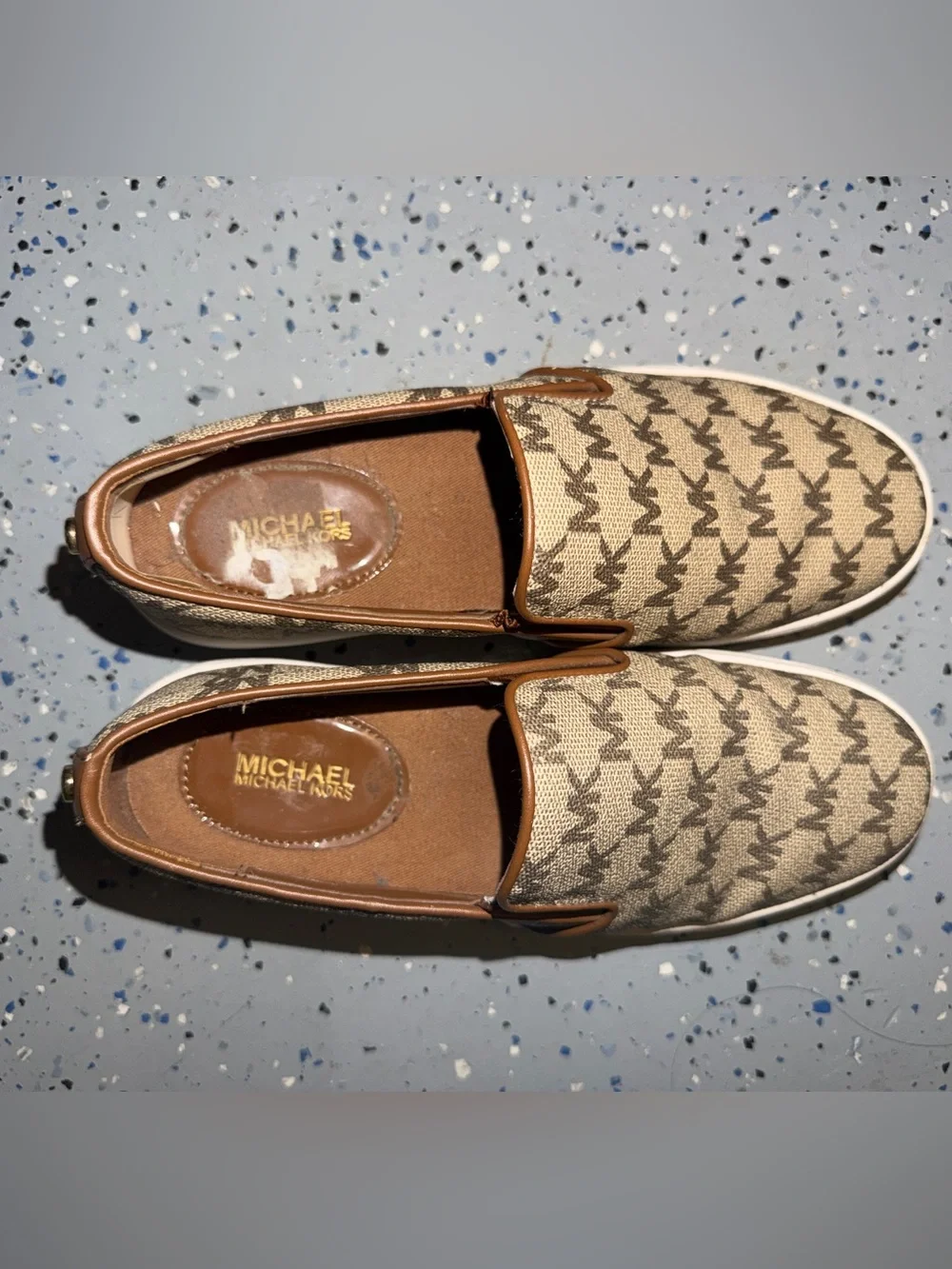 Michael Kors Slip-On Sneakers MK Logo Canvas Tan Sz 5.5 Women’s